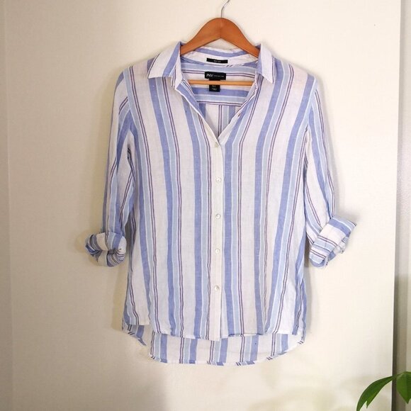 JNY Striped 100% Linen Roll Tab Long Sleeve Button Down Shirt White/Blue Size S - Picture 1 of 4